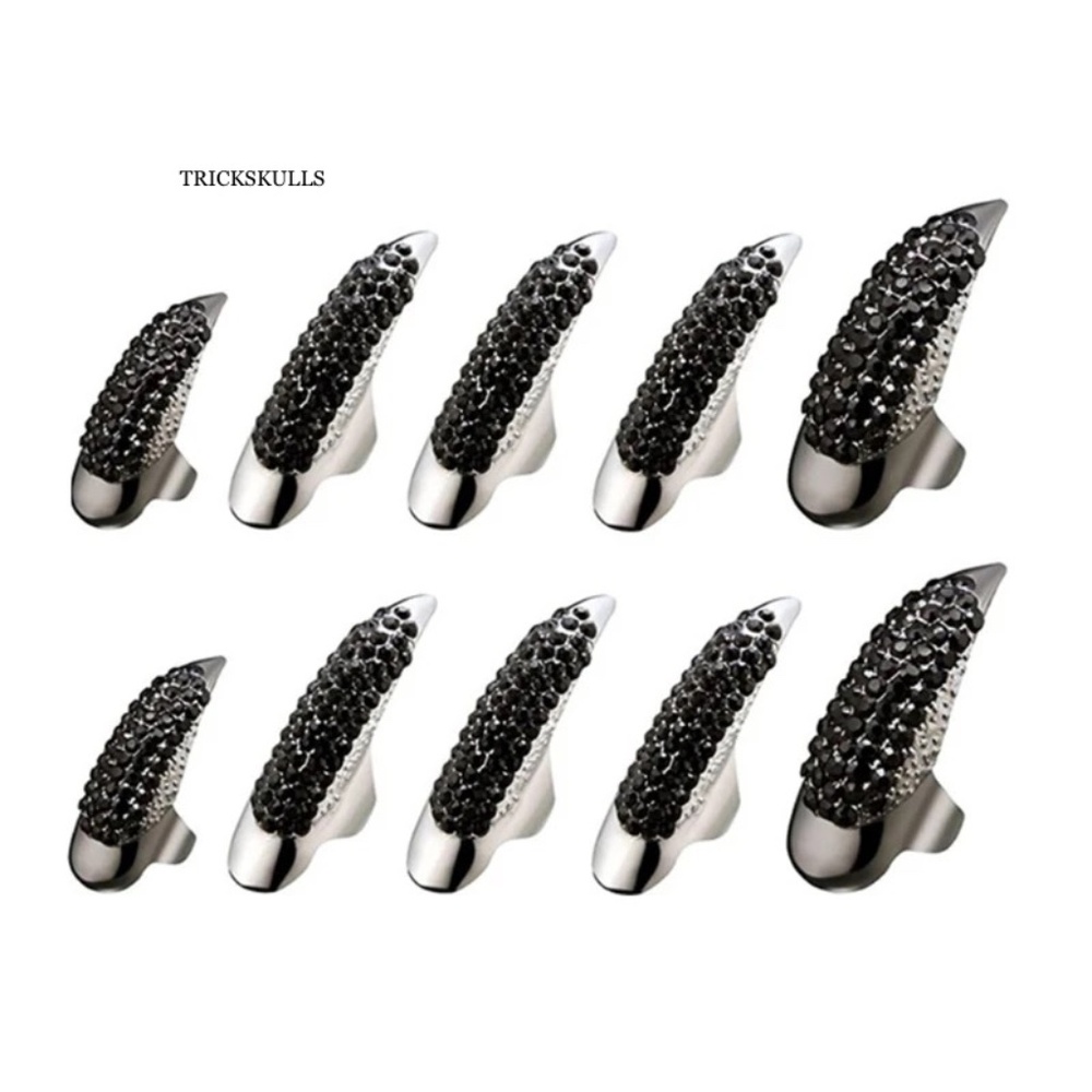 (10) Black Iced Crow Claw Fingernail Fingertip Mid Rings Nail Ring Guard Nails